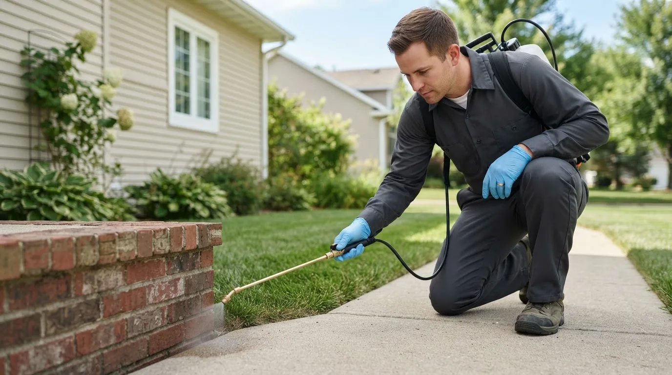 Pest control technician treating a home near Harbert, MI