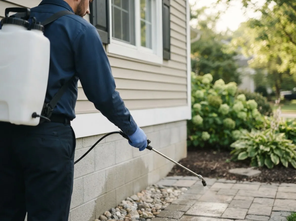 Pest control technician inspecting a home in Harbert, MI